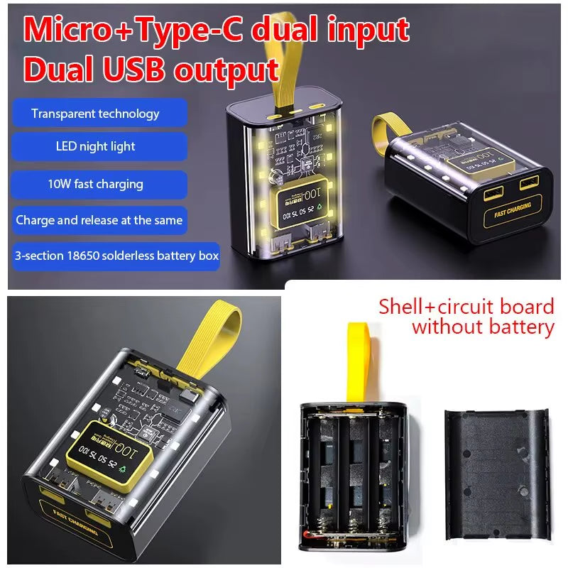 18650 Power Bank Case with Night Light and Dual USB Charging - DIY Battery Storage Solution for iPhone and Xiaomi